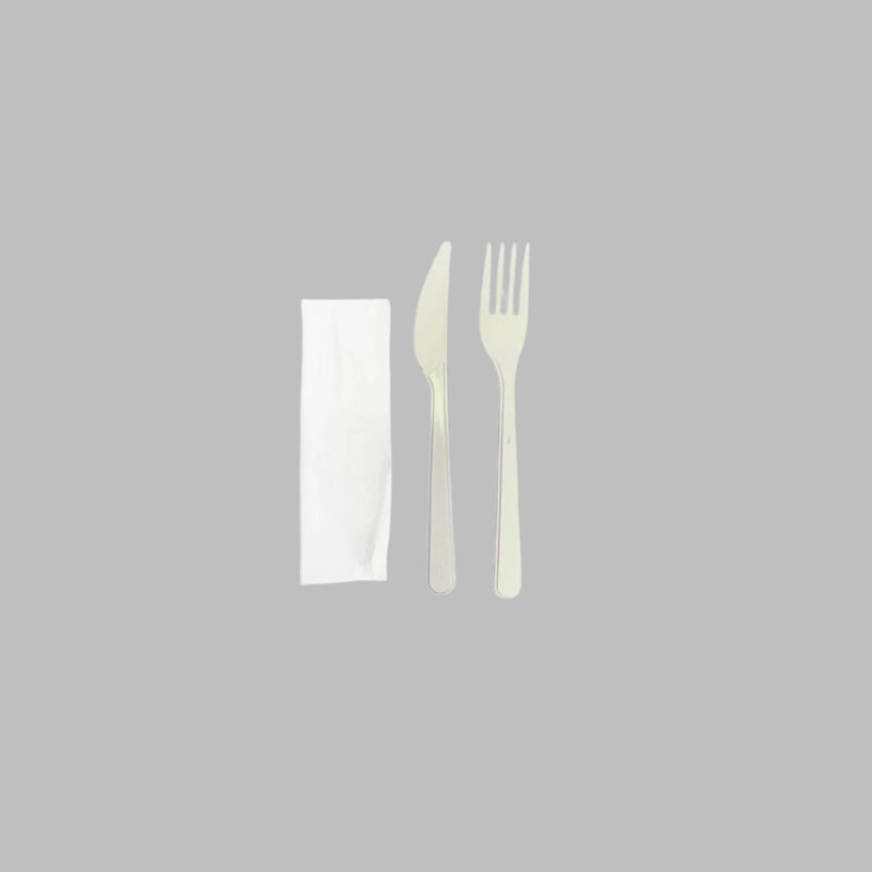 Set tacamuri BIS furculita si cutit cu servetel alb, Horeca 100buc/set