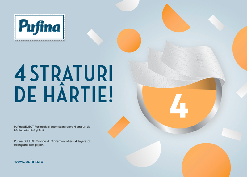 Hartie igienica 4 straturi cu aroma de portocala si scortisoara, Pufina, 8 buc