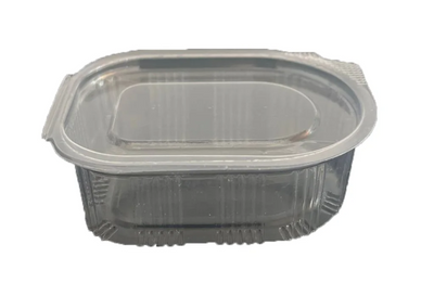 Clear plastic food container with a lid on a white background